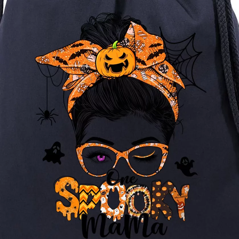 Retro Halloween One Spooky Mama Messy Bun Bandana Pumpkin Gift Drawstring Bag