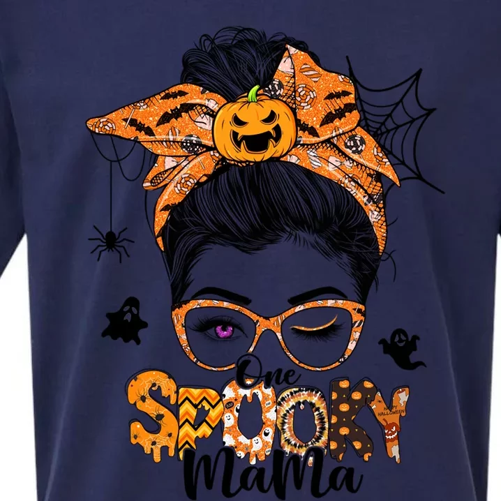 Retro Halloween One Spooky Mama Messy Bun Bandana Pumpkin Gift Sueded Cloud Jersey T-Shirt