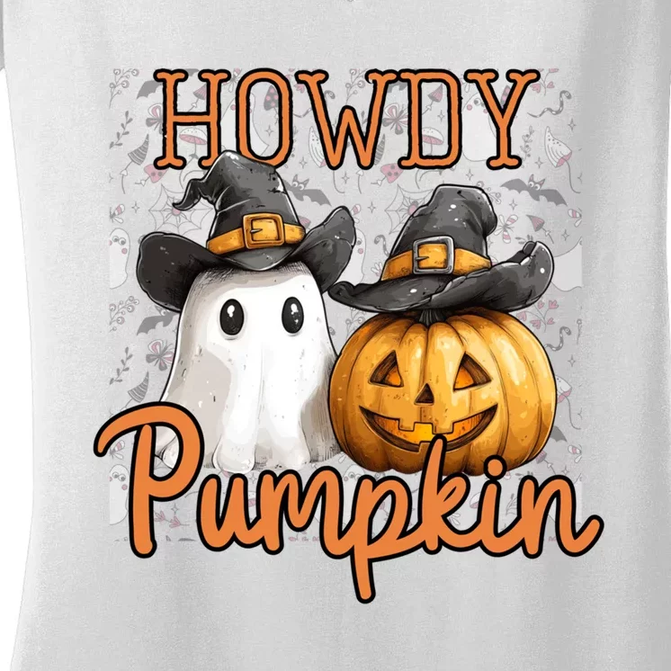 Retro Howdy Pumpkin Cowboys Funny Pumpkin Country Halloween Women's V-Neck T-Shirt