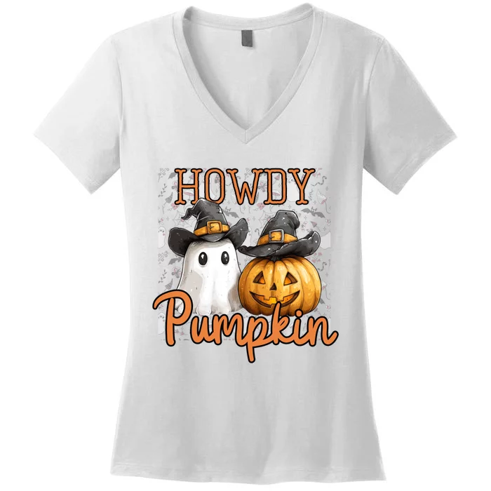 Retro Howdy Pumpkin Cowboys Funny Pumpkin Country Halloween Women's V-Neck T-Shirt