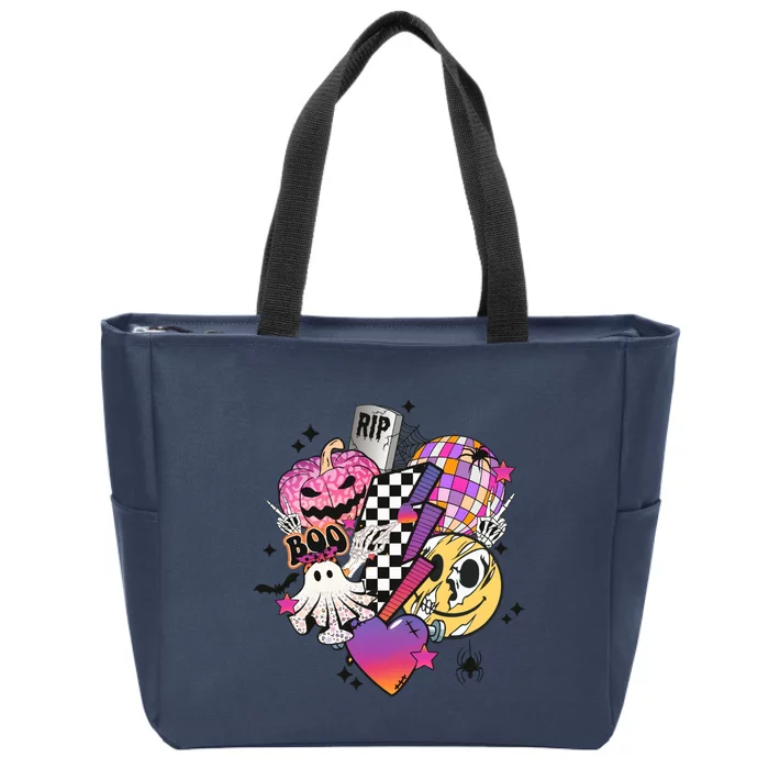 Retro Halloween Pumpkin Ghost Spooky Halloween Spooky Vibes Leopard Pumpkin Zip Tote Bag