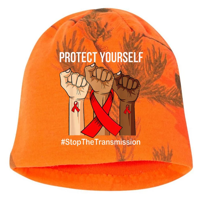 Raising Hand Protect Yourself HIVAIDS Awareness Red Ribbon Kati - Camo Knit Beanie