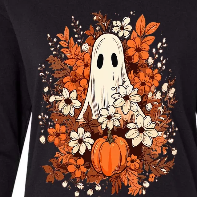 Retro Halloween Pumpkin Flower Ghost Fall Season Autumn Vibe Womens Cotton Relaxed Long Sleeve T-Shirt