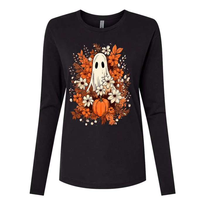 Retro Halloween Pumpkin Flower Ghost Fall Season Autumn Vibe Womens Cotton Relaxed Long Sleeve T-Shirt