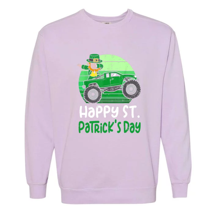 Retro Kids Happy St. Patricks Day Leprechaun Monster Truck Gift Garment-Dyed Sweatshirt