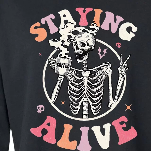 Retro Halloween Skeleton Coffee Mug Groovy Staying Alive Hippie Cropped Pullover Crew