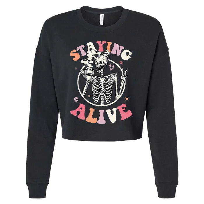 Retro Halloween Skeleton Coffee Mug Groovy Staying Alive Hippie Cropped Pullover Crew