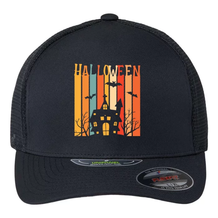 Retro Halloween Scary House Flexfit Unipanel Trucker Cap