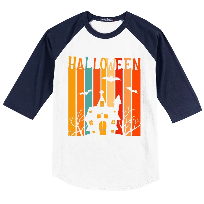 Retro Halloween Scary House Baseball Sleeve Shirt