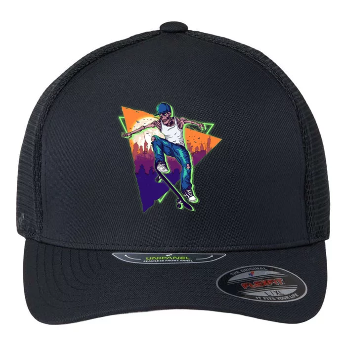 Retro Halloween Skateboarding Skater Skeleton Flexfit Unipanel Trucker Cap