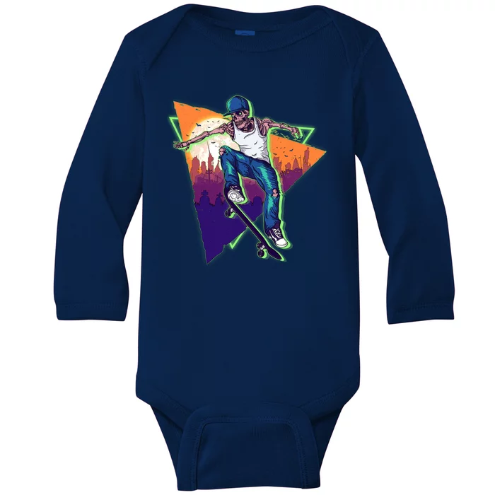 Retro Halloween Skateboarding Skater Skeleton Baby Long Sleeve Bodysuit