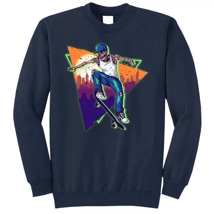 Retro Halloween Skateboarding Skater Skeleton Tall Sweatshirt