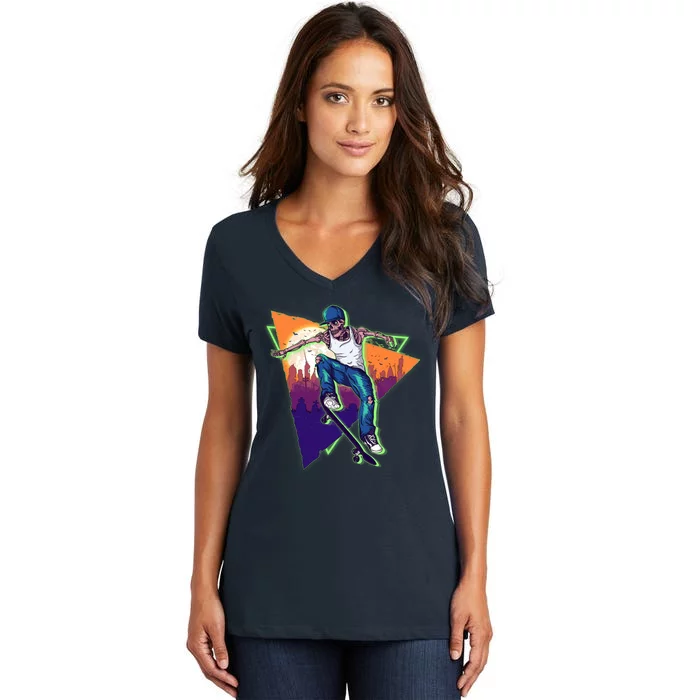 Retro Halloween Skateboarding Skater Skeleton Women's V-Neck T-Shirt