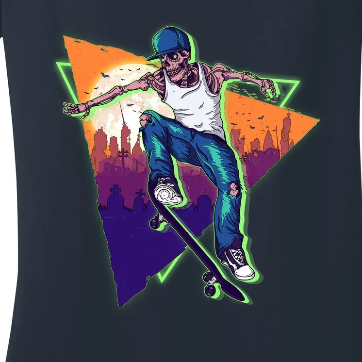 Retro Halloween Skateboarding Skater Skeleton Women's V-Neck T-Shirt