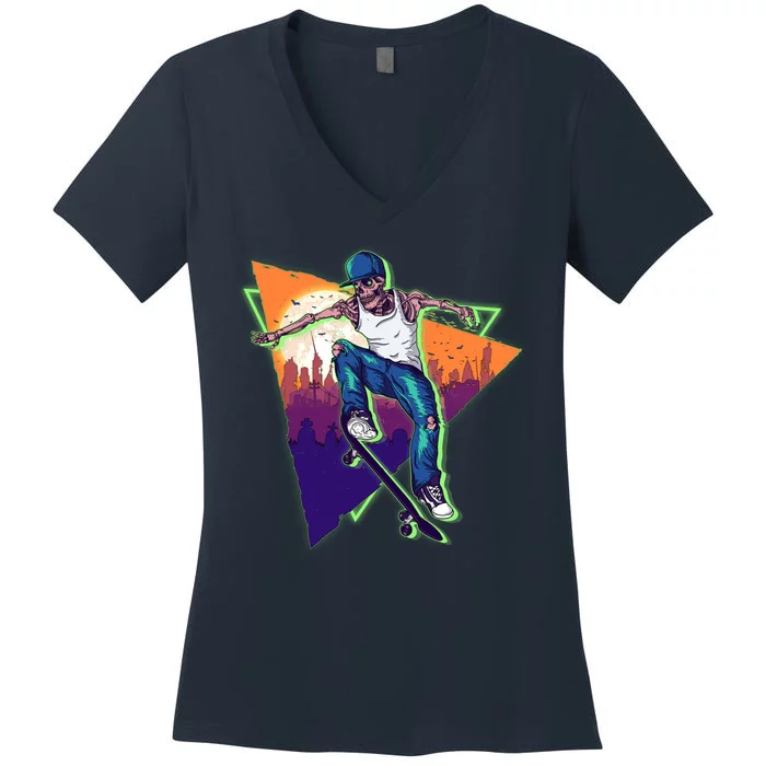 Retro Halloween Skateboarding Skater Skeleton Women's V-Neck T-Shirt