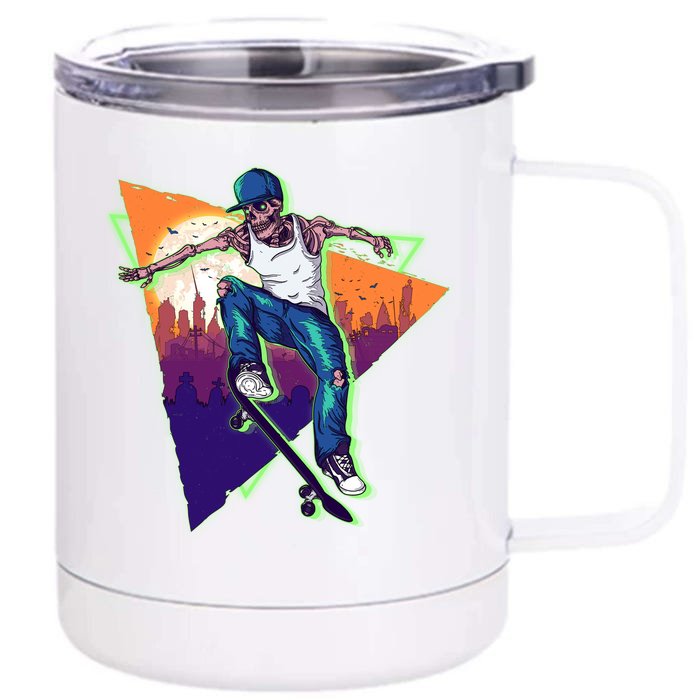 Retro Halloween Skateboarding Skater Skeleton Front & Back 12oz Stainless Steel Tumbler Cup