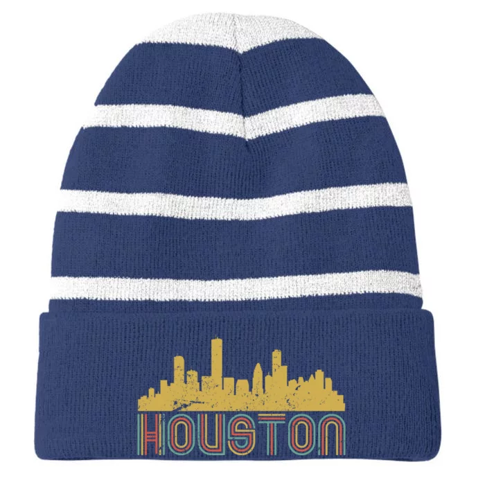 Retro Houston Skyline Texas Striped Beanie with Solid Band