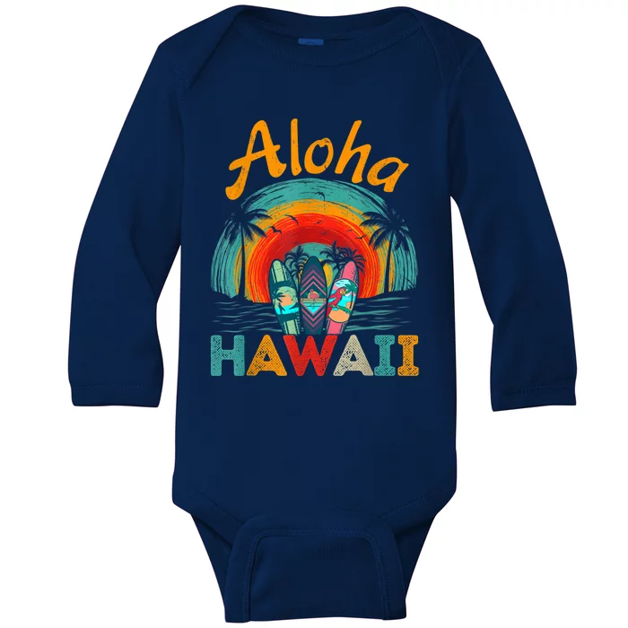 Retro Hawaiian Surfboard Aloha Hawaii Island Surfer Outfits Baby Long Sleeve Bodysuit