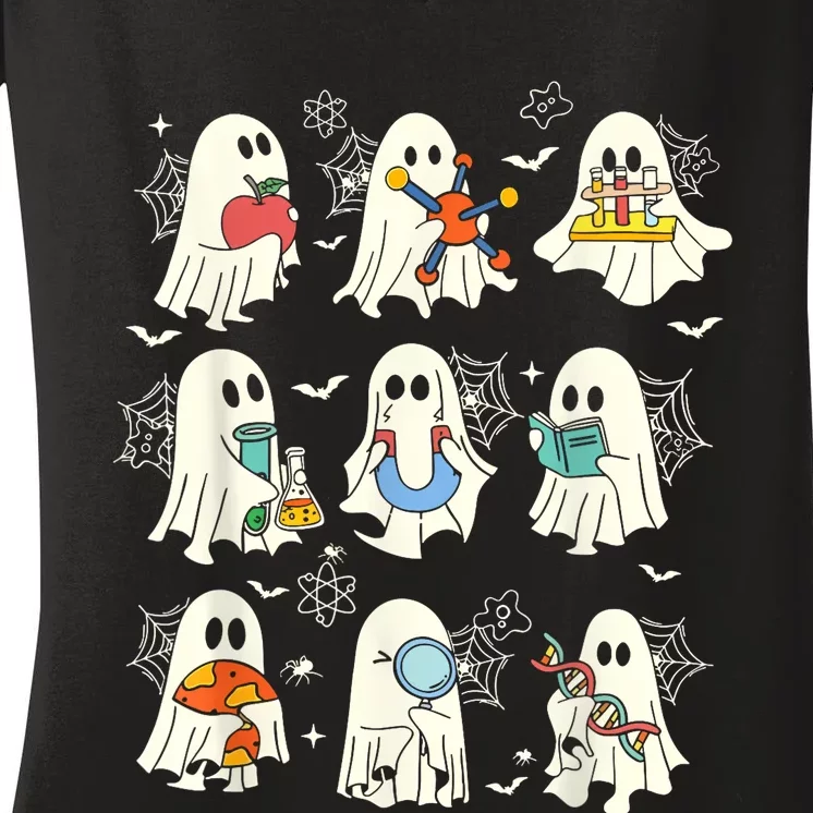 Retro Halloween Science Teacher Ghost Laboratory Teacher Women's V-Neck T-Shirt