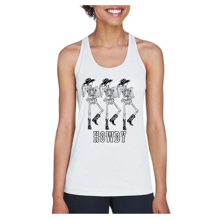 Retro Howdy Skeleton Cow Dancing Cow Women's Racerback Tank