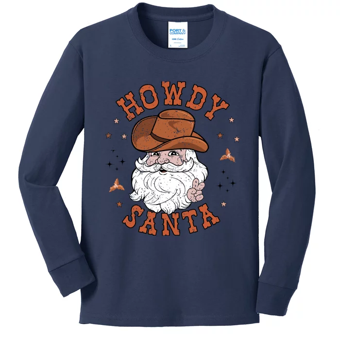 Retro Howdy Santa Cowboy Cowgirl Western Howdy Christmas Kids Long Sleeve Shirt