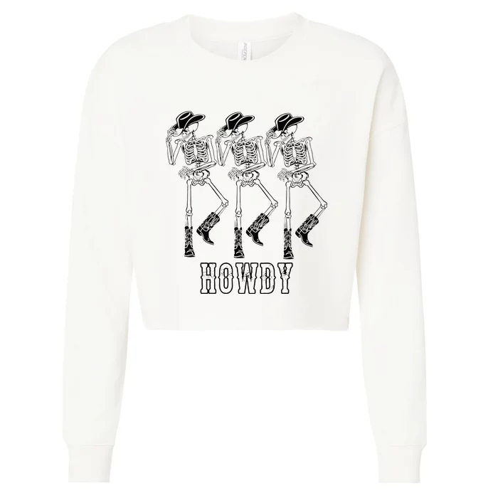 Retro Howdy Skeleton Cowgirl Dancing Cowboy Boots Horse Cropped Pullover Crew