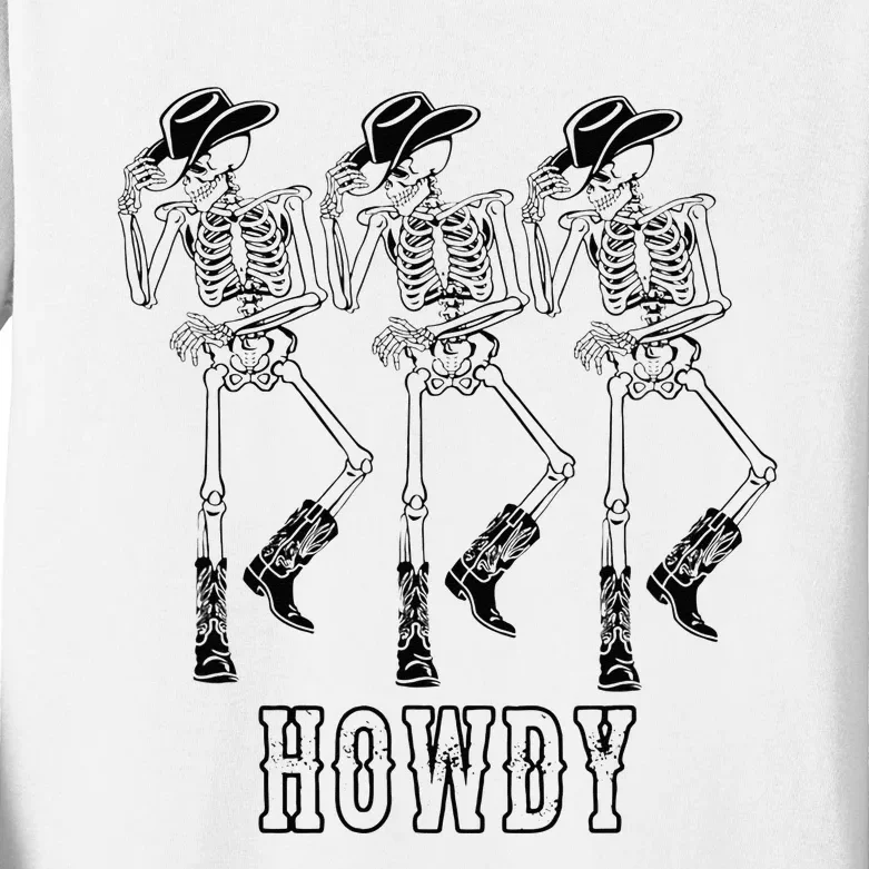 Retro Howdy Skeleton Cowgirl Dancing Cowboy Boots Horse Kids Long Sleeve Shirt