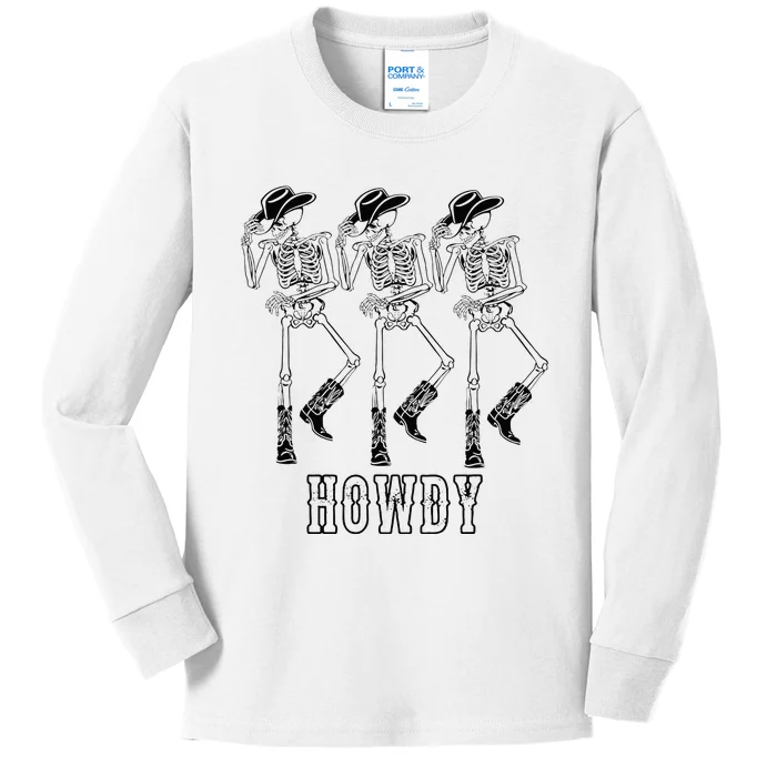 Retro Howdy Skeleton Cowgirl Dancing Cowboy Boots Horse Kids Long Sleeve Shirt