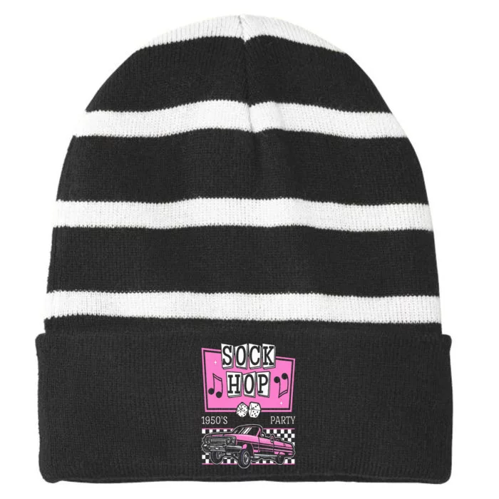 Retro Hop Sock 50s Rock Roll Party Pink Classic Theme Striped Beanie with Solid Band