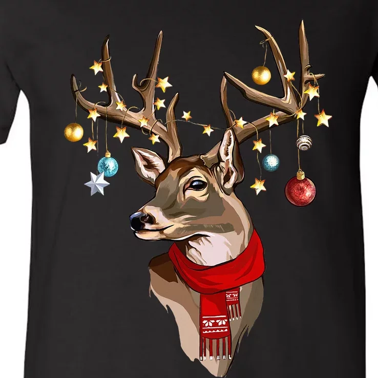 Rustic Holiday Scarf with Buck Deer Antlers and Christmas Lights V-Neck T-Shirt