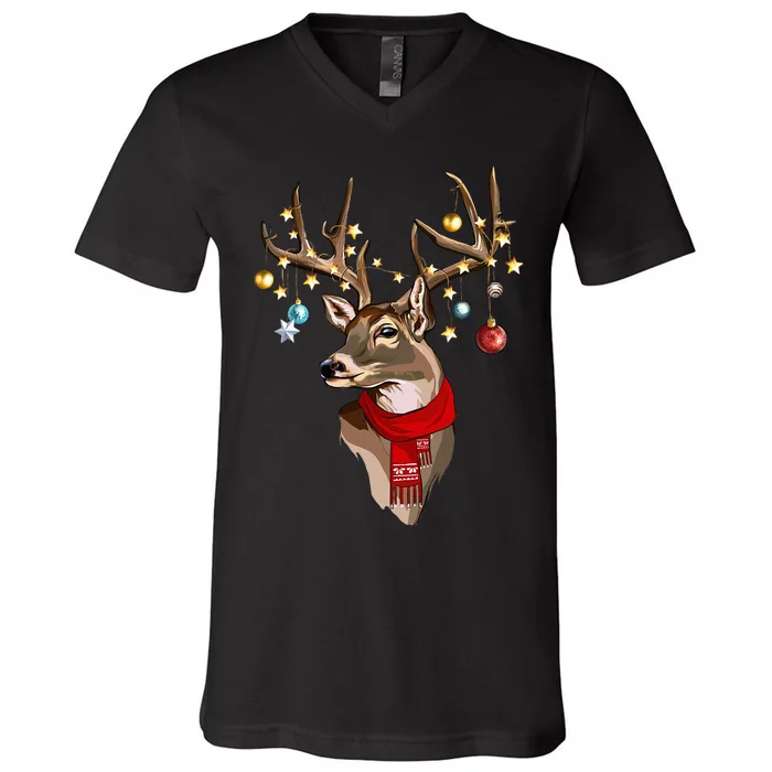 Rustic Holiday Scarf with Buck Deer Antlers and Christmas Lights V-Neck T-Shirt