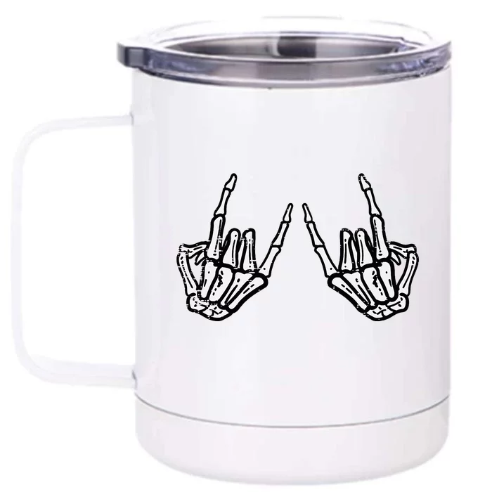 Rocker Hand Sign Rock Skeleton Retro Halloween Front & Back 12oz Stainless Steel Tumbler Cup