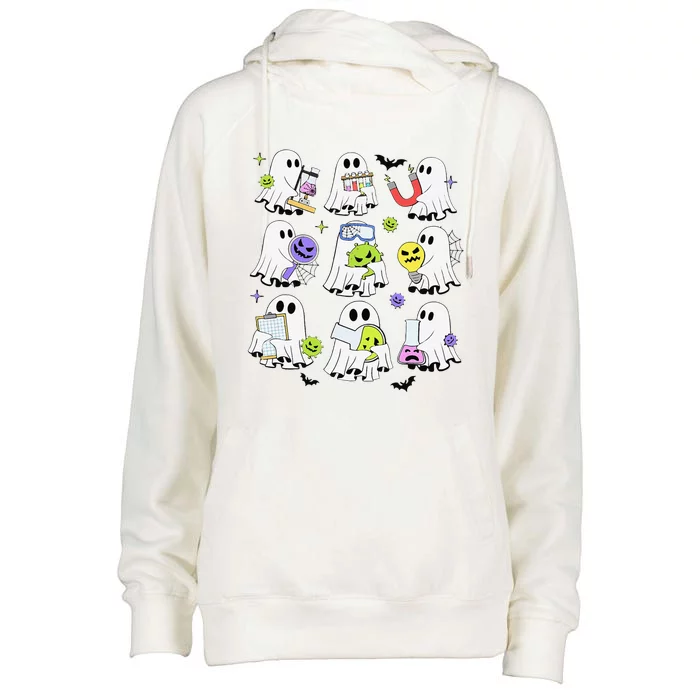 Retro Halloween Science Teacher Ghost Laboratory Teacher Womens Funnel Neck Pullover Hood