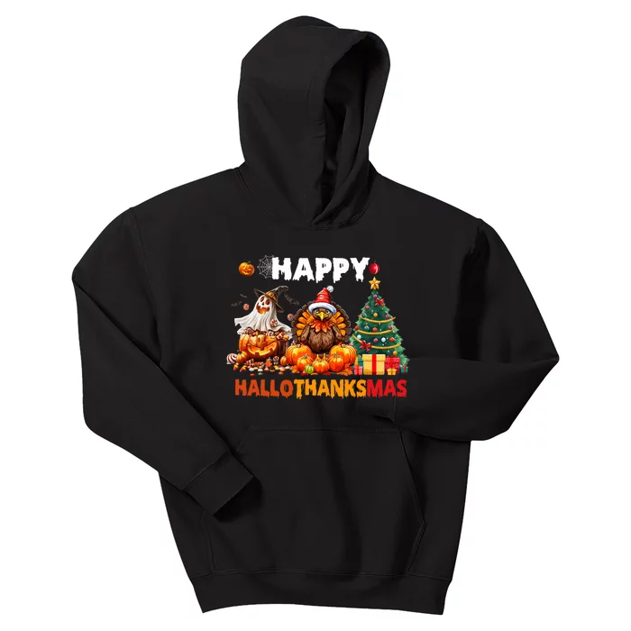 Retro Halloween Thanksgiving Christmas Happy Hallothanksmas Kids Hoodie