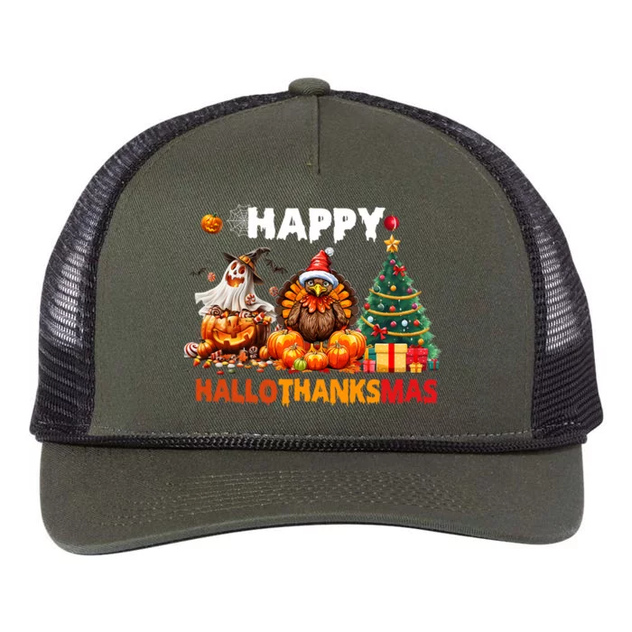 Retro Halloween Thanksgiving Christmas Happy Hallothanksmas Retro Rope Trucker Hat Cap