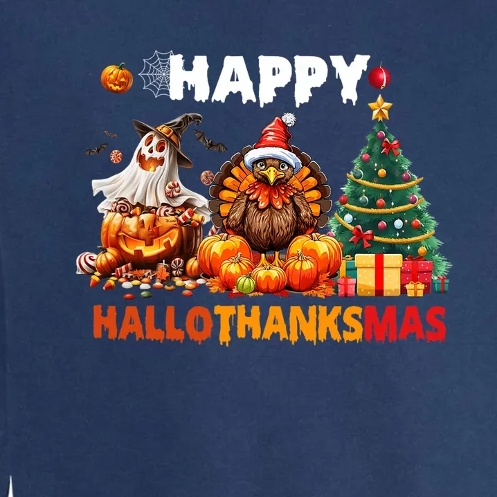 Retro Halloween Thanksgiving Christmas Happy Hallothanksmas Garment-Dyed Sweatshirt