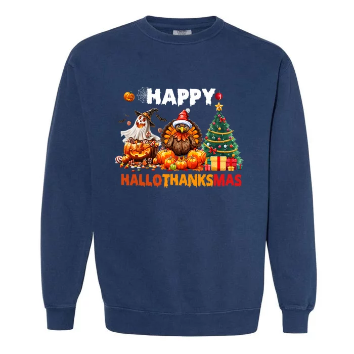 Retro Halloween Thanksgiving Christmas Happy Hallothanksmas Garment-Dyed Sweatshirt