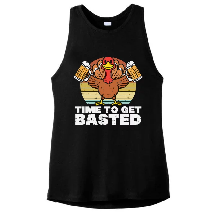 Retro Happy Thanksgiving Turkey Time To Get Basted Ladies Tri-Blend Wicking Tank