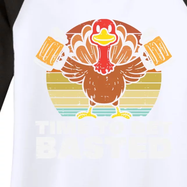 Retro Happy Thanksgiving Turkey Time To Get Basted Women's Tri-Blend 3/4-Sleeve Raglan Shirt