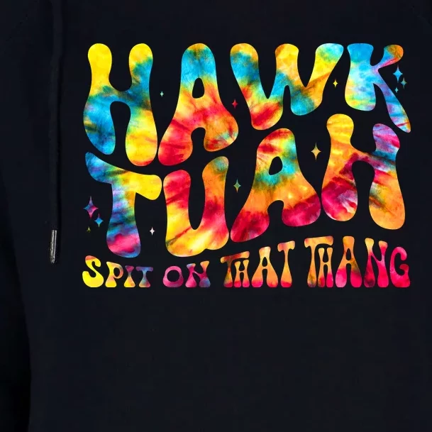 Retro Hippie Tie Dye Hawk Tuah Spit On That Thang Womens Funnel Neck Pullover Hood