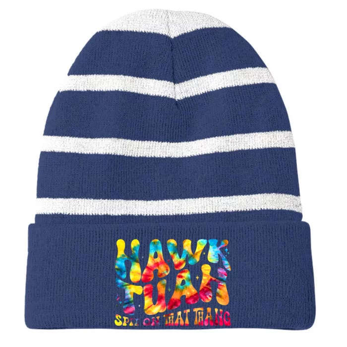 Retro Hippie Tie Dye Hawk Tuah Spit On That Thang Striped Beanie with Solid Band