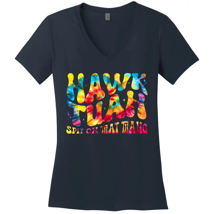 Retro Hippie Tie Dye Hawk Tuah Spit On That Thang Women's V-Neck T-Shirt