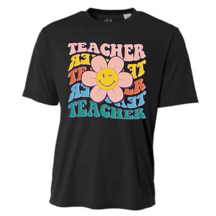 Retro Hippie Teacher Flower Smiley Emoji Cooling Performance Crew T-Shirt