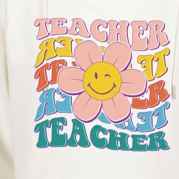 Retro Hippie Teacher Flower Smiley Emoji Womens Funnel Neck Pullover Hood