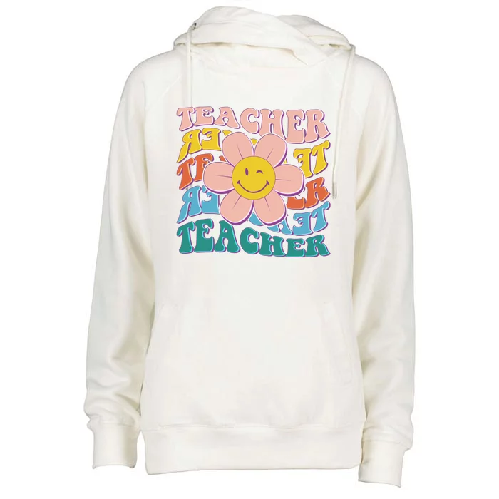 Retro Hippie Teacher Flower Smiley Emoji Womens Funnel Neck Pullover Hood