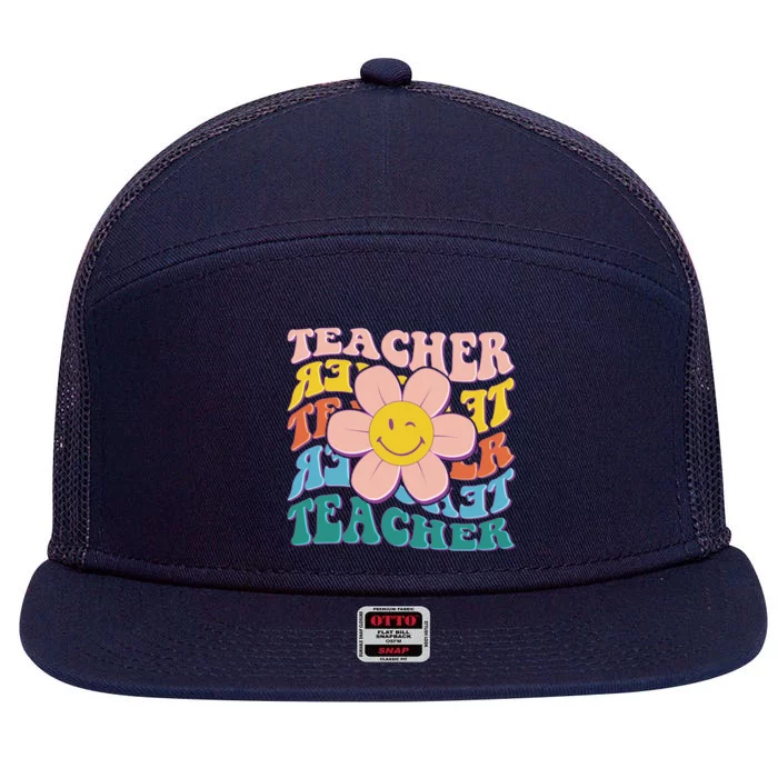 Retro Hippie Teacher Flower Smiley Emoji 7 Panel Mesh Trucker Snapback Hat