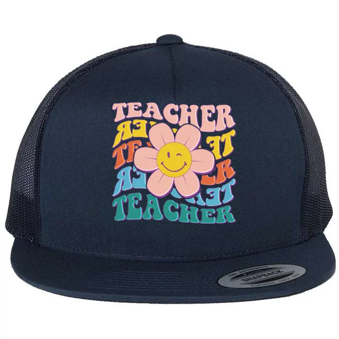 Retro Hippie Teacher Flower Smiley Emoji Flat Bill Trucker Hat