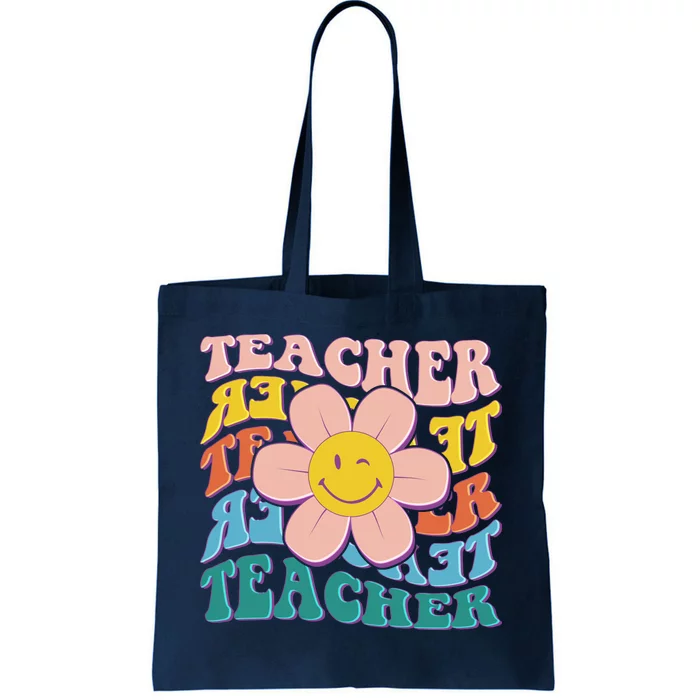 Retro Hippie Teacher Flower Smiley Emoji Tote Bag