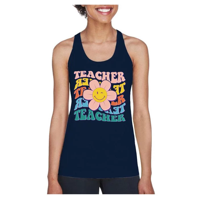 Retro Hippie Teacher Flower Smiley Emoji Women's Racerback Tank