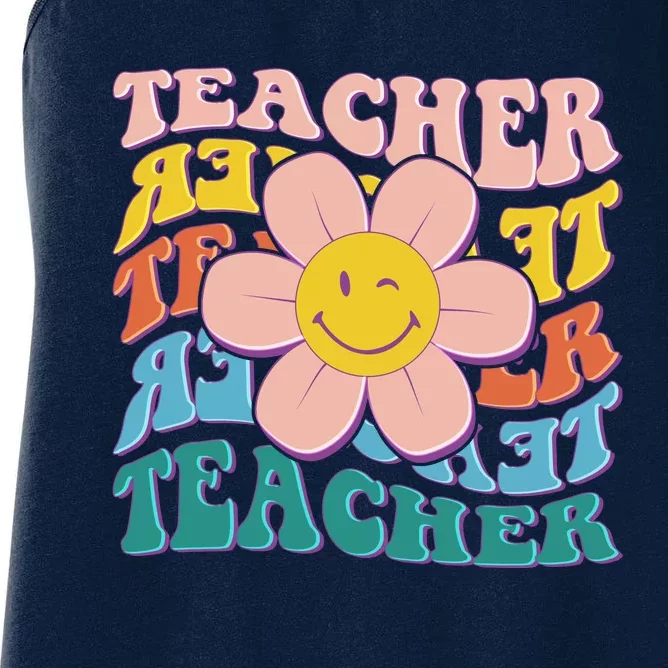 Retro Hippie Teacher Flower Smiley Emoji Women's Racerback Tank